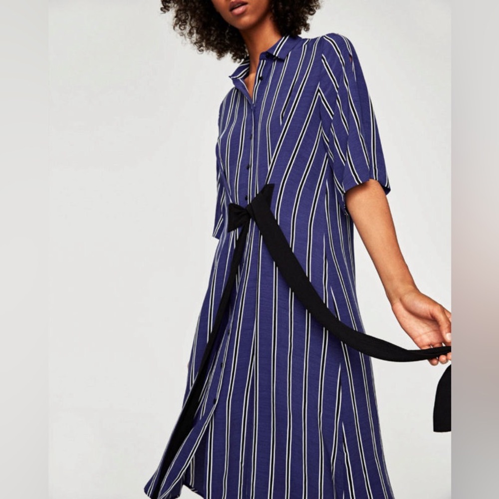 Zara Basics hi low Cotton Dress front faux belt cut out sleeves size Medium